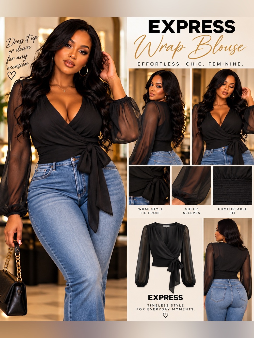 Express Black Wrap Blouse with Sheer Sleeves size X-Small